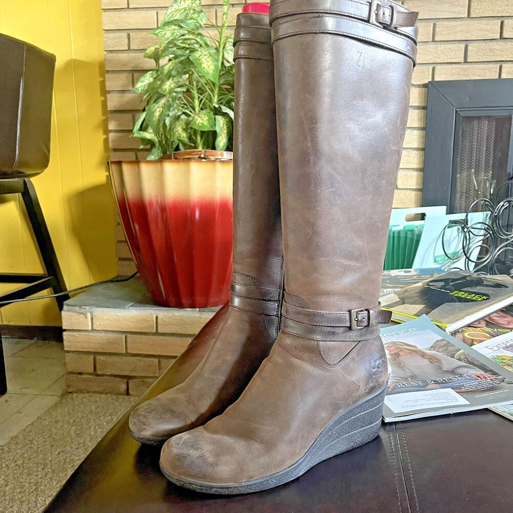 UGG Waterproof Lesley Brown Leather Wedge Tall Boots Buckle Detail Wms Size 7 - Picture 3 of 14